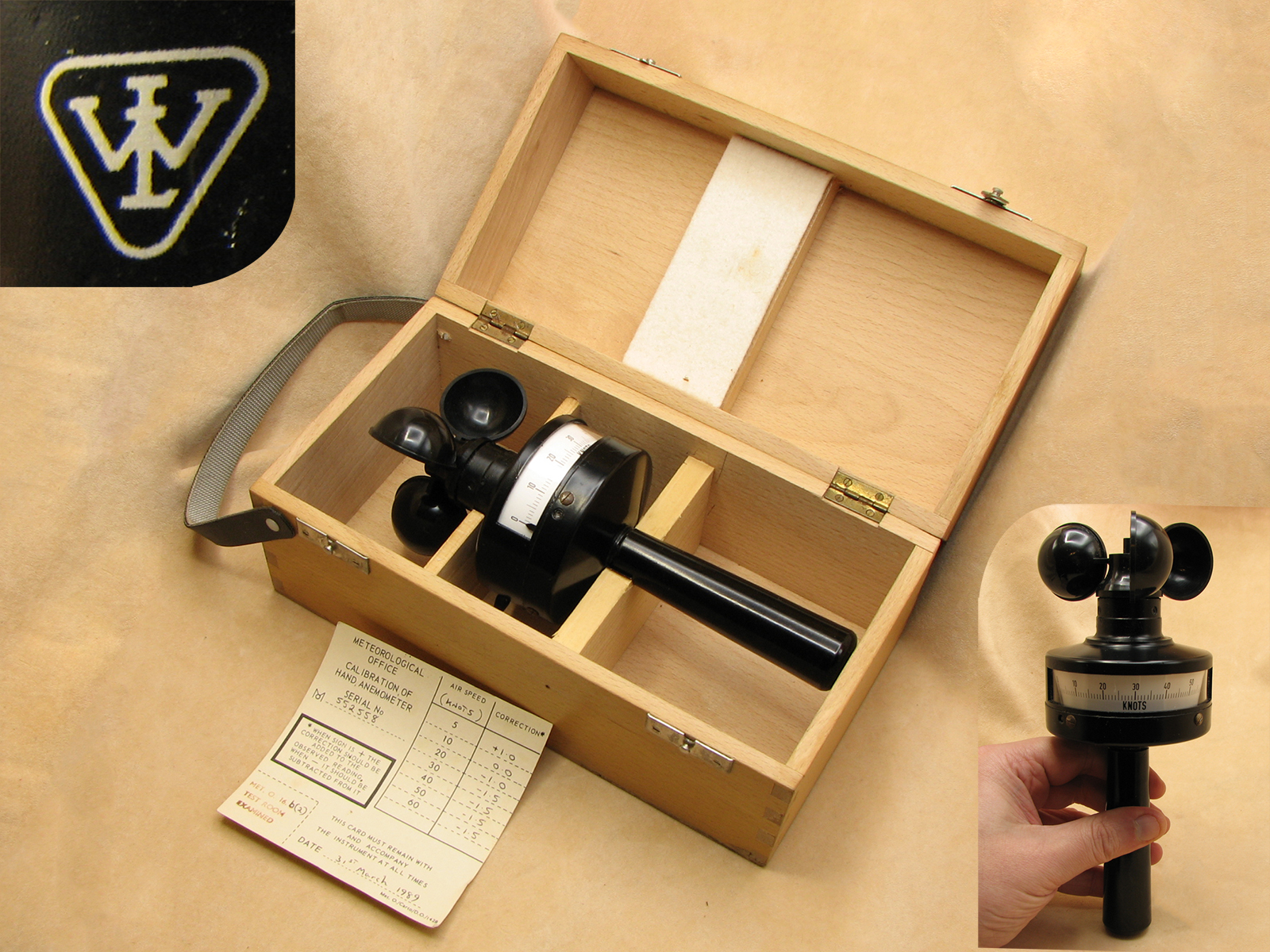 Wilhelm Lambrecht 3 cup hand held anemometer in fitted case